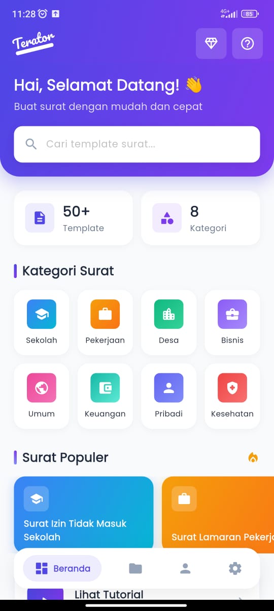 Tampilan utama aplikasi Terator